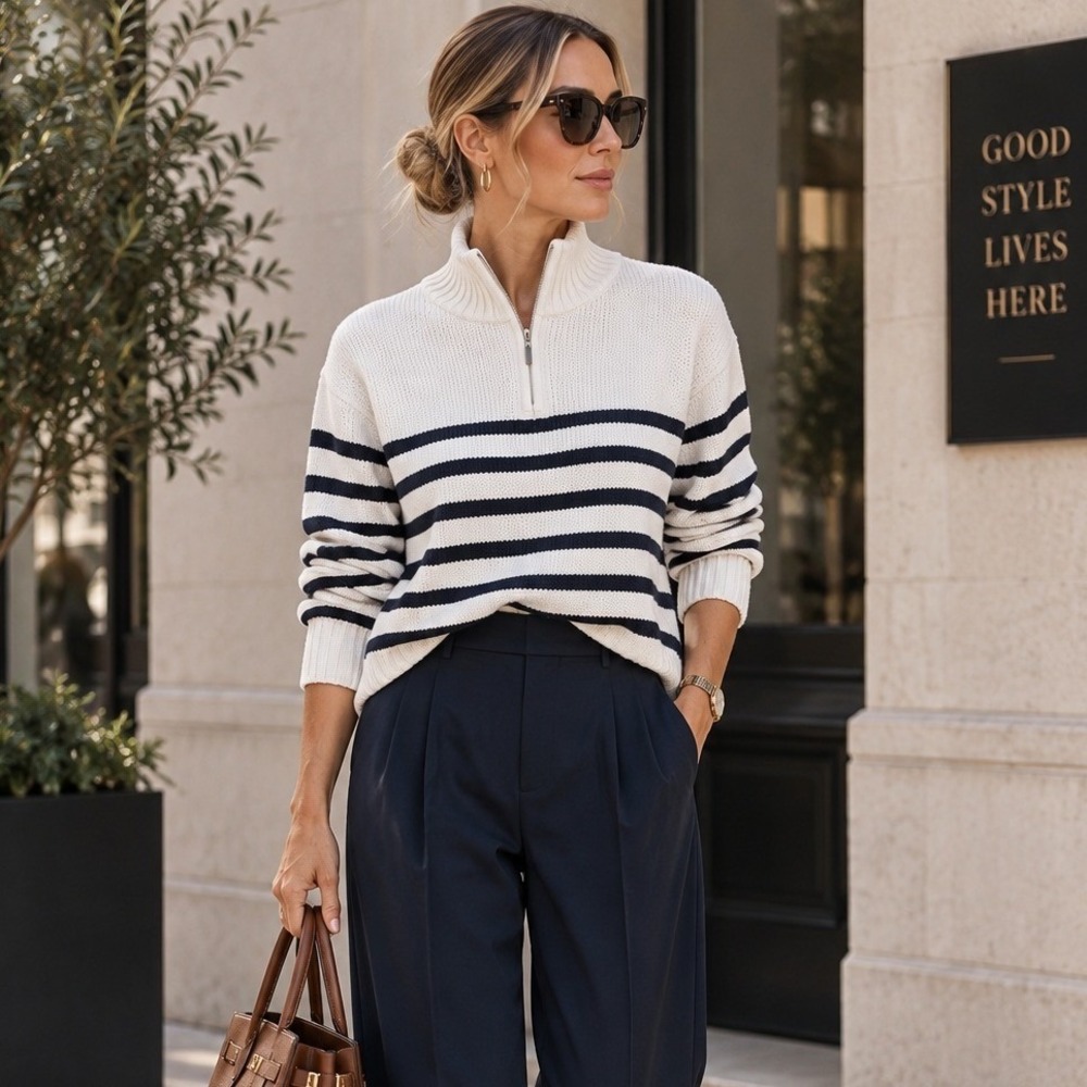 Tommy Hilfiger Women Striped Quarter Zip 100% Cotton Shaker Sweater Navy Cream
